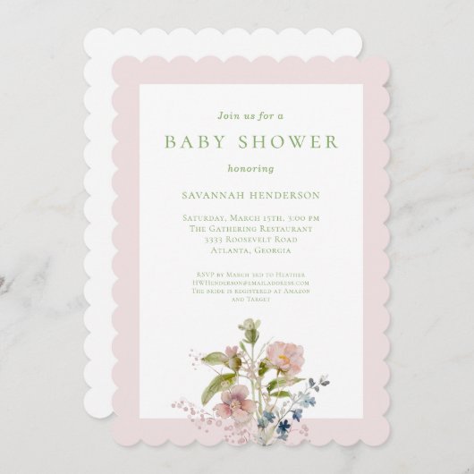 水の色エレガントワイルドフラワーピンク赤ちゃんシャワー 招待状 (正面/裏面)
