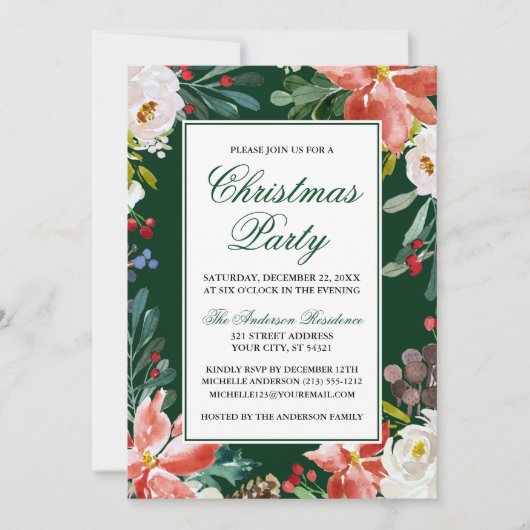 水の色エレガント冬のフローラクリスマスパーティー 招待状 (正面)