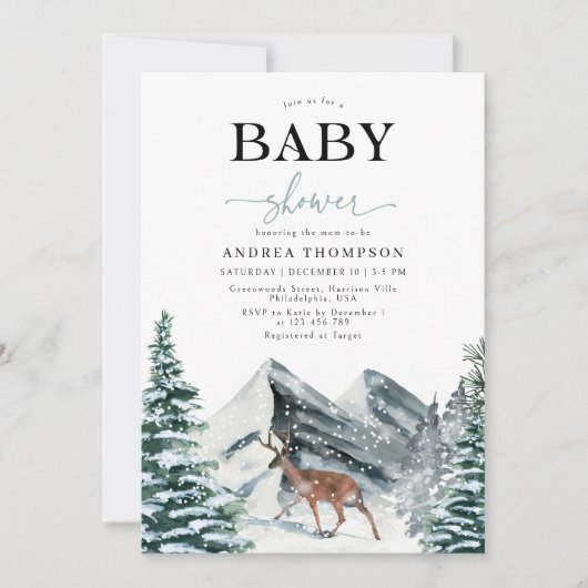 水の色エレガント冬の森の鹿の赤ちゃんシャワー 招待状 (正面)