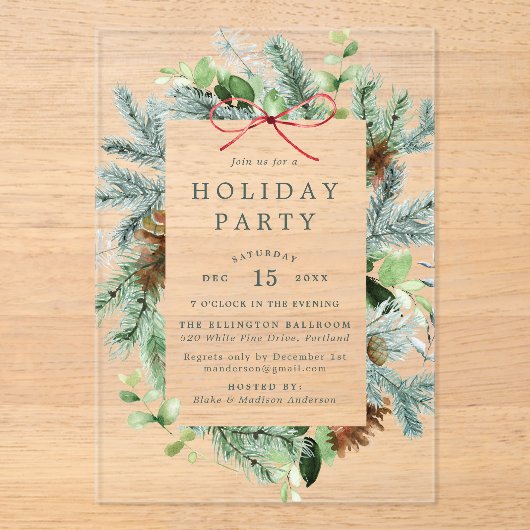 水の色エレガント冬の緑のホリデーパーティー アクリル招待状 (正面)