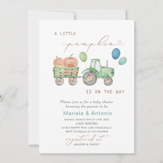 水の色エレガント小さなカボチャ赤ちゃんシャワー 招待状 (正面)