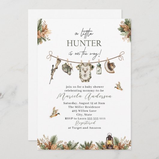 水の色エレガント小さなハンターベビーシャワー 招待状 (正面/裏面)