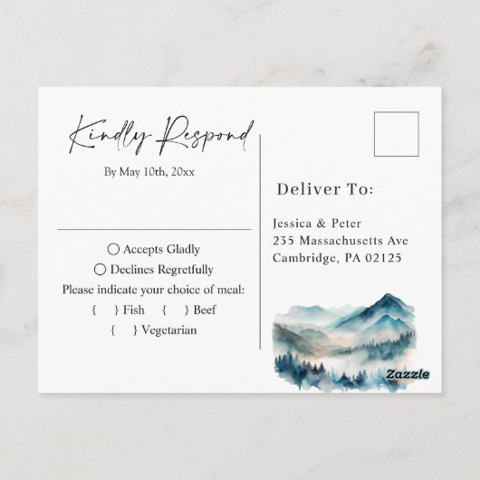 水の色エレガント山林ウェディングRSVP ポストカード (裏面)