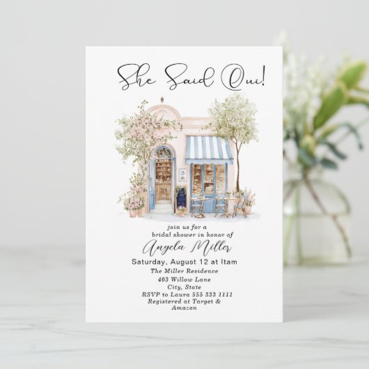 水の色エレガント彼女はOuiブライダルシャワーと述べた 招待状 (スタンド正面)