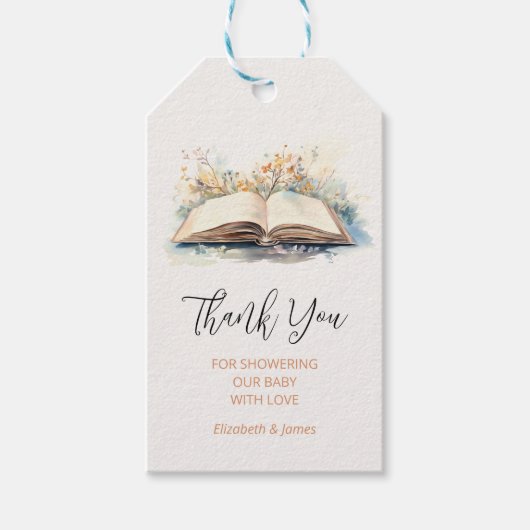 水の色エレガント新しいチャプター赤ちゃんシャワー ギフトタグ (正面)