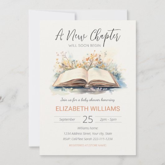 水の色エレガント新しいチャプター赤ちゃんシャワー 招待状 (正面)