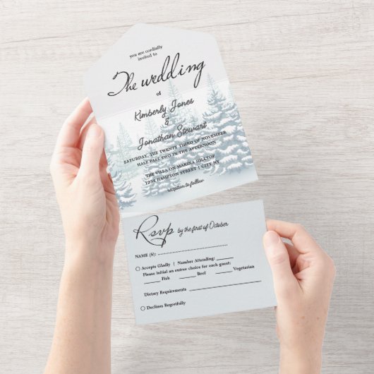 水の色エレガント松の木RSVP冬の結婚式 オールインワン招待状 (貼ってはがせる)