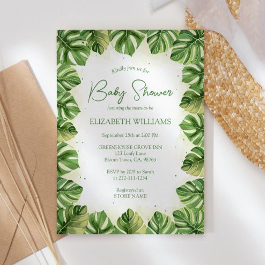 水の色エレガント熱帯パームベビーシャワー 招待状