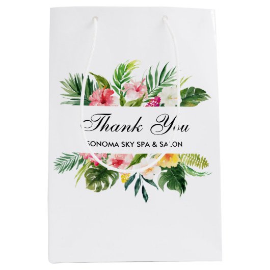 水の色エレガント熱帯フローラありがとう ミディアムペーパーバッグ (正面)