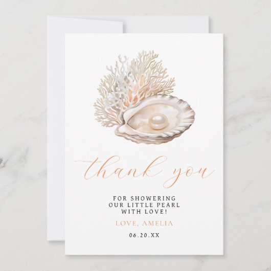 水の色エレガント真珠ベビーシャワー サンキューカード (正面)