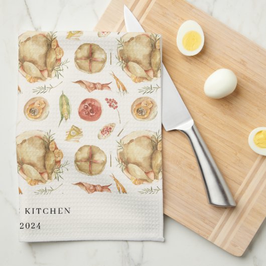 水の色エレガント秋の秋七面鳥感謝祭 キッチンタオル (四つ折り)