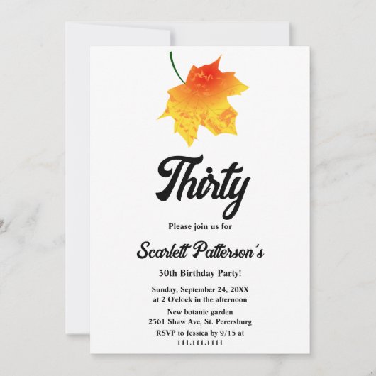 水の色エレガント紅葉ボホ30歳の誕生日 招待状 (正面)