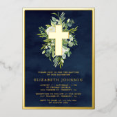 水の色エレガント緑のバプティスネイビーブルー金ゴールド 箔招待状 (正面)