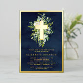 水の色エレガント緑のバプティスネイビーブルー金ゴールド 箔招待状 (立ち正面)