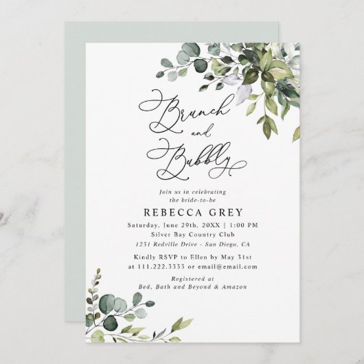 水の色エレガント緑のブランチと泡立つシャワー 招待状 (正面/裏面)