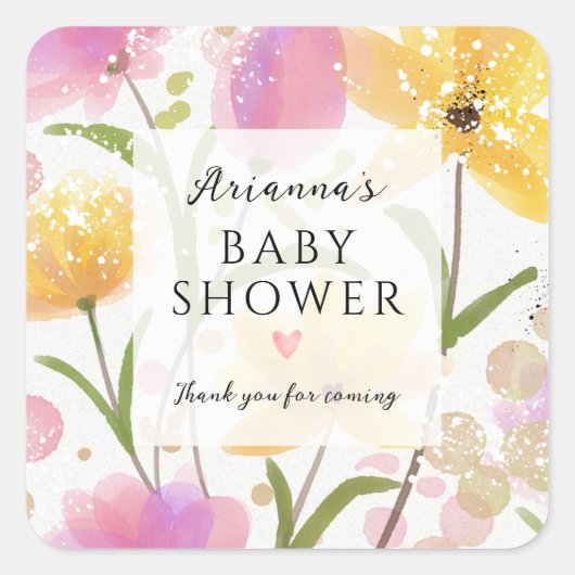 水の色エレガント花スクリプト赤ちゃんシャワー スクエアシール (正面)