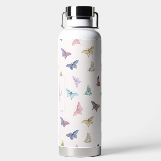 水の色エレガント蝶の美しいデザイン ウォーターボトル (背面)
