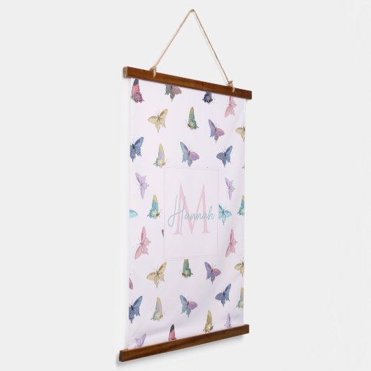 水の色エレガント蝶の美しいデザイン 吊り下げ型タペストリー (傾斜あり)