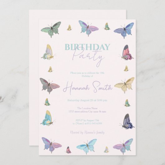 水の色エレガント蝶の美しいデザイン 招待状 (正面/裏面)