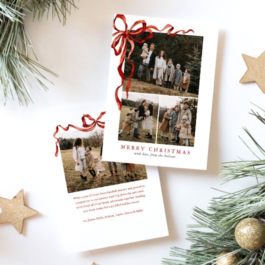 水の色エレガント赤い弓クリスマスフォーフォト シーズンカード