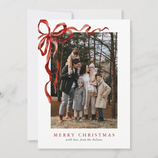 水の色エレガント赤い弓クリスマス2枚の写真 シーズンカード (正面)