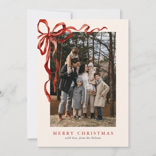水の色エレガント赤い弓クリスマス2枚の写真 シーズンカード (正面)