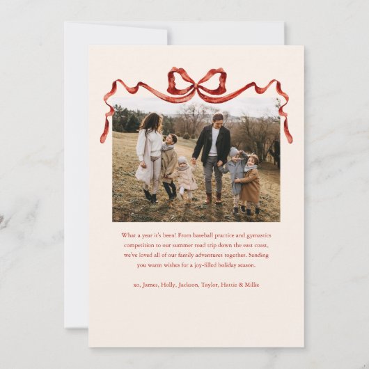 水の色エレガント赤い弓クリスマス2枚の写真 シーズンカード (裏面)