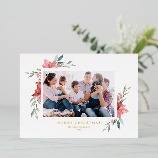 水の色エレガント赤ポインセティアスメリークリスマス 箔シーズンカード (立ち正面)