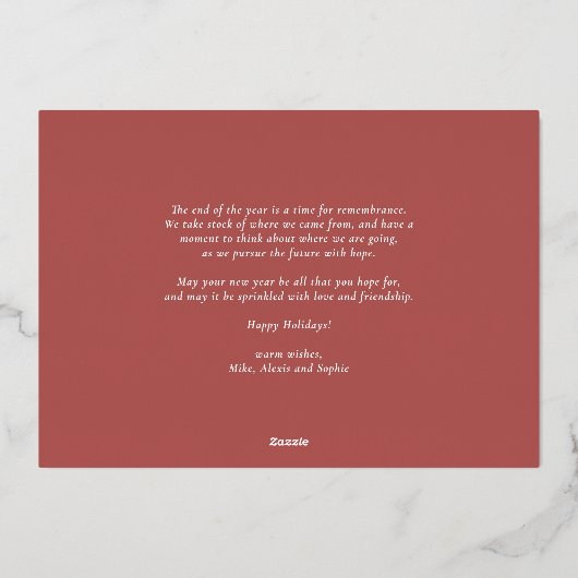 水の色エレガント赤ポインセティアスメリークリスマス 箔シーズンカード (裏面)