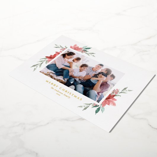 水の色エレガント赤ポインセティアスメリークリスマス 箔シーズンカード (回転した状態)