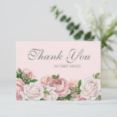 水の色エレガント赤面ピンクのバラありがとう サンキューカード (スタンド正面)