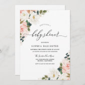 水の色エレガント赤面フローラ葉ベビーシャワー 招待状 (正面/裏面)