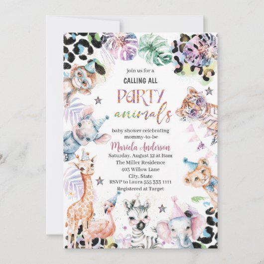 水の色エレガント野生のサファリ動物ベビーシャワー 招待状 (正面)