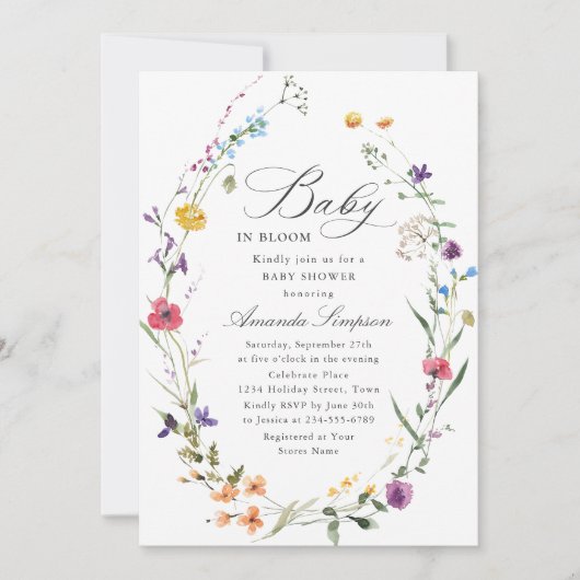 水の色エレガント野生の花赤ちゃんシャワー 招待状 (正面)