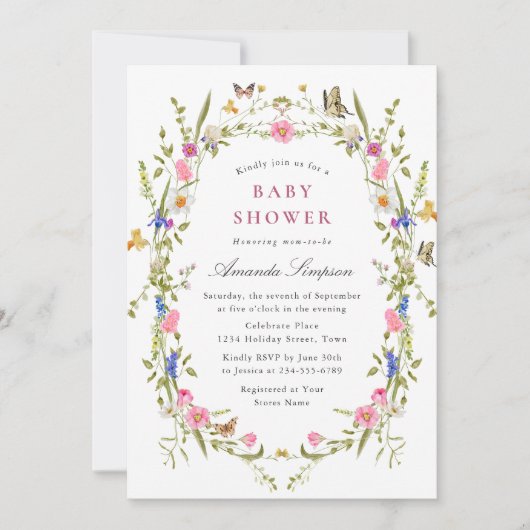 水の色エレガント野生の花赤ちゃんシャワー 招待状 (正面)