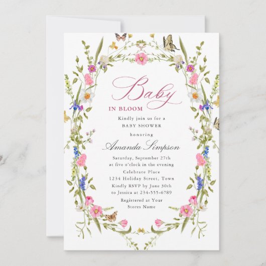 水の色エレガント野生の花赤ちゃんシャワー 招待状 (正面)