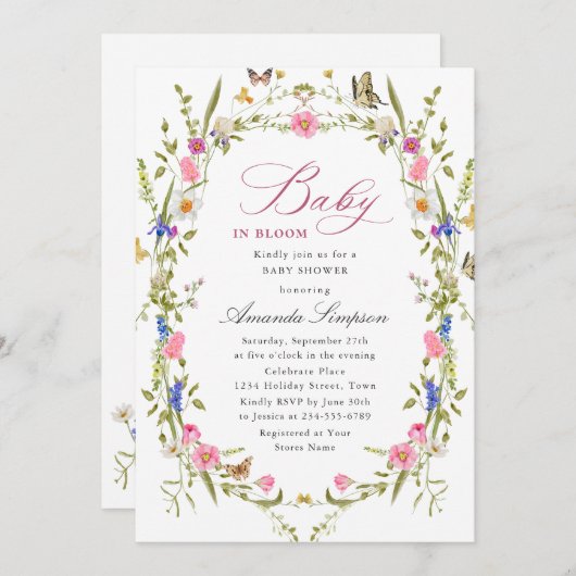 水の色エレガント野生の花赤ちゃんシャワー 招待状 (正面/裏面)