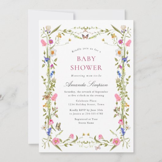 水の色エレガント野生の花赤ちゃんシャワー 招待状 (正面)