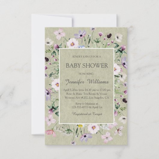 水の色エレガント野花の緑の赤ちゃんシャワー 招待状 (正面)