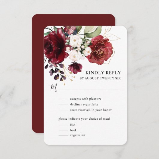 水の色エレガント金ゴールドブルゴーニュフローラと食事 出欠カード (正面/裏面)