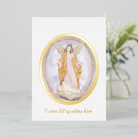 水の色エンジェルとベビーイエスカスタムクリスマス 箔シーズンカード (立ち正面)