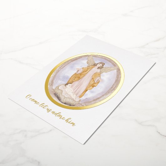 水の色エンジェルとベビーイエスカスタムクリスマス 箔シーズンカード (回転した状態)