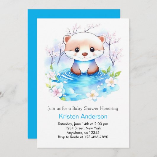水の色オッタブルーフローラ男の子ベビーシャワー 招待状 (正面/裏面)