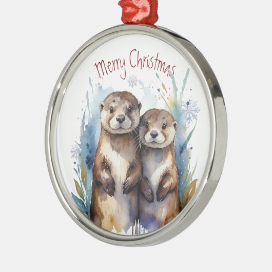 水の色オッターカップル冬の動物アート メタルオーナメント (左)