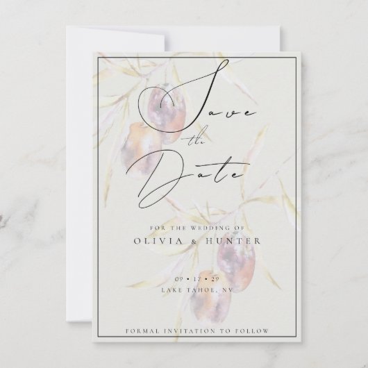 水の色オリーブ枝ウェディング日付カードを保存 (正面)