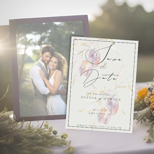 水の色オリーブ枝ウェディング日付カードを保存