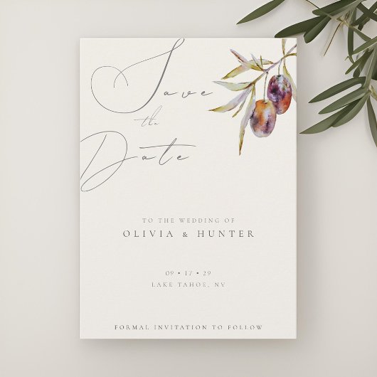 水の色オリーブ枝ウェディング日付カードを保存