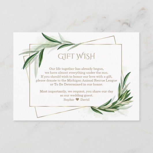 水の色オリーブ葉金ゴールドの結婚ギフトの願い エンクロージャーカード (正面)