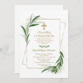 水の色オリーブ葉金ゴールドファーストホーリーコミュニオン 招待状 (正面/裏面)