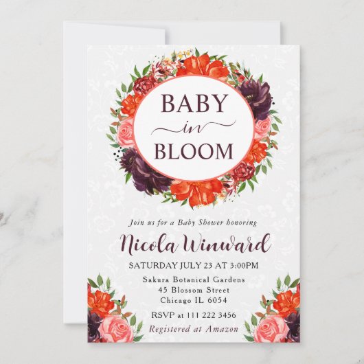 水の色オレンジと茶色のリース赤ちゃんシャワー 招待状 (正面)